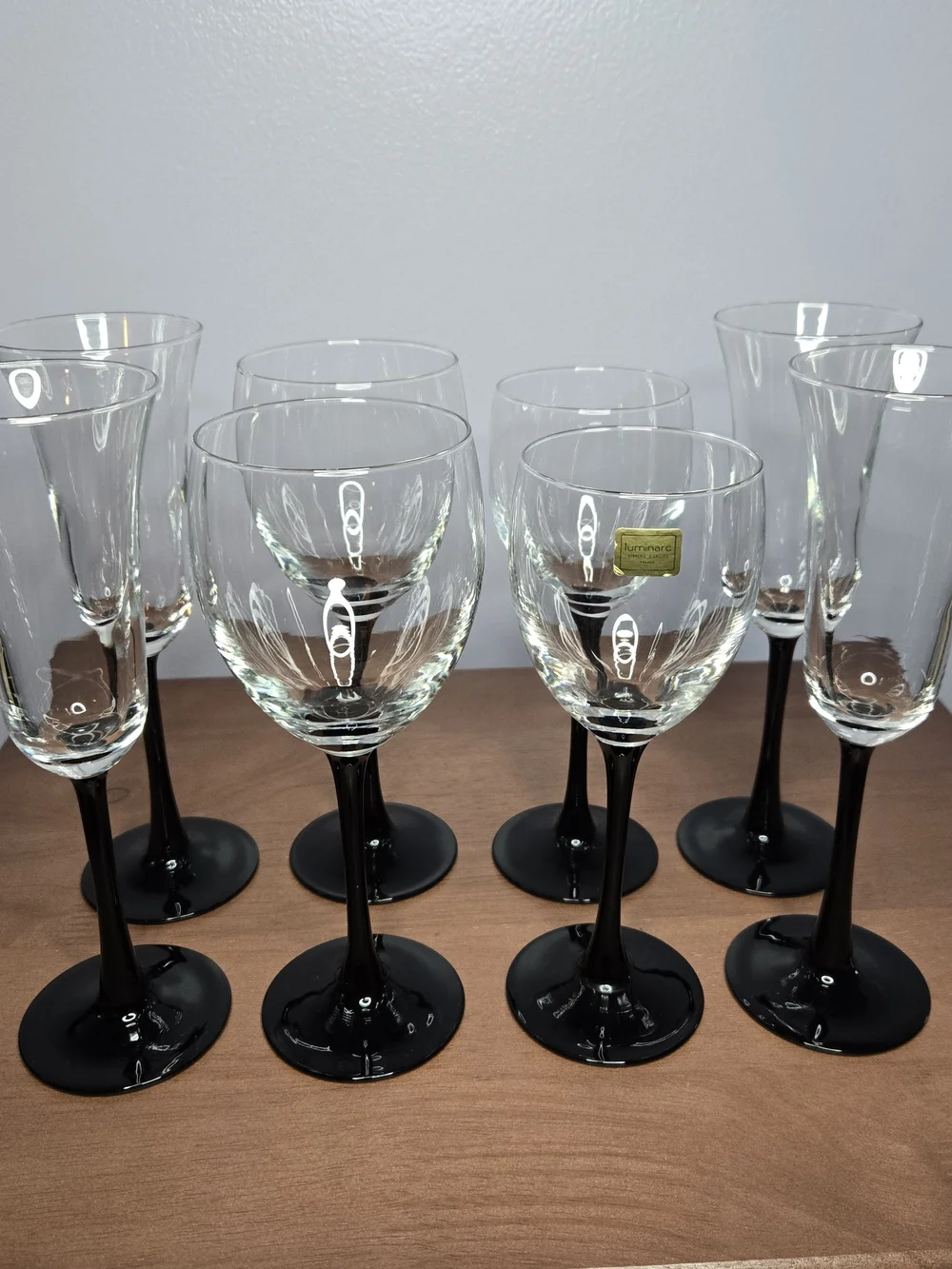 Vintage LUMINARC France Stemware Complete Service For Two, Elegant Black Stem